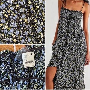 Free people Molly Joe midi black blue Floral Print babydoll Dress - XS